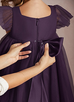 Azazie Kalio Flower Girl Dresses Plum A-Line with Sleeves Tulle Dress image4