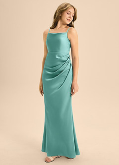 Azazie Renna Junior A-Linie Plissee Stretch-Satin Kleid Aqua image1