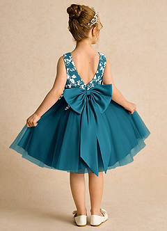 Azazie Butterfly Flower Girl Dresses Ink Blue A-Line Lace Dress image1