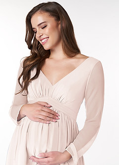 Azazie Teton Maternity Bridesmaid Dresses A-Line Long Sleeve Chiffon Floor-Length Dress image5