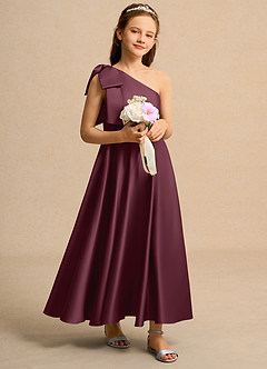Azazie Guppy Girls Formal Flower Girl Dresses Cabernet A-Line One Shoulder Matte Satin Dress image1