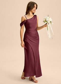 Azazie Madelyn Junior Osłona Zza ramienia Satyna elastyczna Długość podłogi Młodsza druhna Sukienka image6