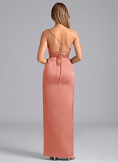 Azazie Naria Bridesmaid Dresses Coral Sheath One Shoulder Stretch Satin Dress image6
