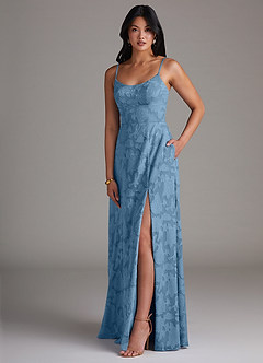 Azazie Moira Bridesmaid Dresses Steel Blue A-Line Side Slit Floral Burnout Dress image3