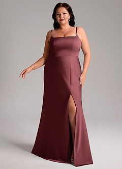 Azazie Lidia Jurken voor bruidsmeisjes Jurk van Stretch Satijn met Zeemeermin Zijsplit Merlot image10