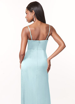 Azazie Maci Brautjungfernkleider A-Linie V-Hals Gefaltet Stretch-Satin Kleid Wolke Blau image4