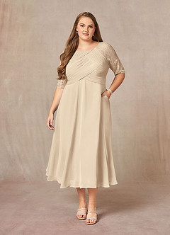 Azazie Dorothea 신부의 어머니 드레스 A라인 레이스 쉬폰 티 길이 드레스 image5