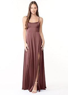 Azazie Halsey Bridesmaid Dresses Vintage Mauve Sheath Side Slit Stretch Satin Dress image1