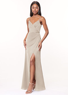 Azazie Maci Bridesmaid Dresses Frost A-Line V-Neck Pleated Stretch Satin Dress image4