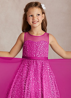 Azazie Siwa Flower Girl Dresses Fuchsia A-Line Beaded Tulle Dress image1