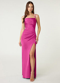 Azazie Desi Vestidos de damas de honor Vestido de Fucsia de Satén Elástico de Corte Recto con Corsé Halter image1
