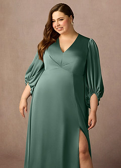 Azazie Luna Mère de la mariée Robes Robe Trapèze en Satin extensible Plissée Eucalyptus image11