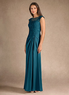 Azazie Santa Barbara Mother of the Bride Dresses Ink Blue Sheath Pleated Stretch Satin Dress image6