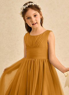 Azazie Macaron Jurken voor bloemenmeisjes A-Lijn Jurk van Tule Geplooid Boterbabbelaar image5