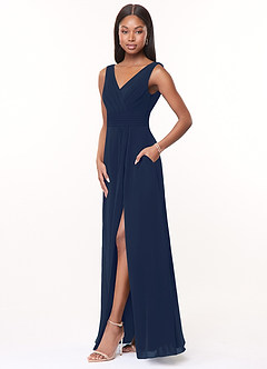 Azazie Karina Bridesmaid Dresses Dark Navy A-Line Pleated Chiffon Dress image3
