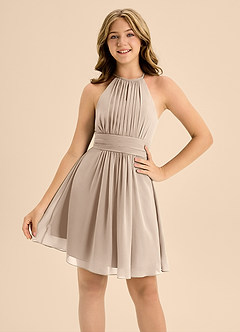 Azazie Bonnie Junior Taupe A-Line Pleated Chiffon Dress image5