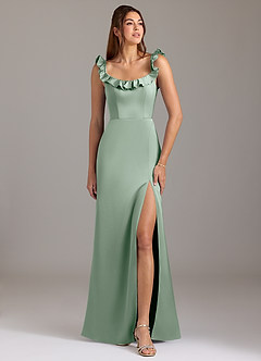 Azazie Callie Bridesmaid Dresses Agave A-Line Ruched Stretch Satin Convertible Dress image1