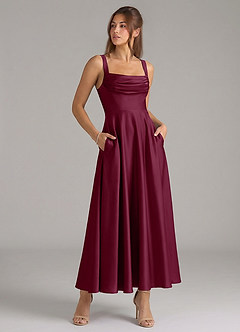 Azazie Shaude Bridesmaid Dresses Mulberry A-Line Pleated Stretch Satin Dress image3