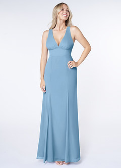 Azazie Christiana Bridesmaid Dresses Steel Blue A-Line V-Neck Pleated Chiffon Dress image1