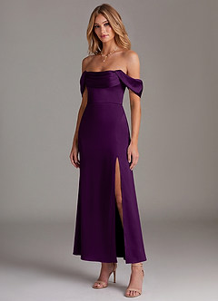 Azazie Saige Bridesmaid Dresses Grape Mermaid Off the Shoulder Stretch Satin Dress image4