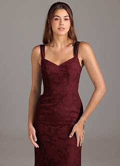 Azazie Denice Bridesmaid Dresses Cabernet A-Line Pleated Floral Burnout Dress image4