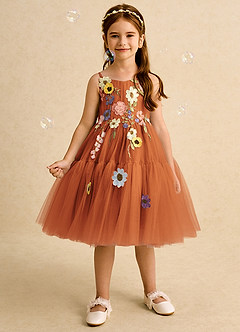 Azazie Osea Flower Girl Dresses Cinnamon Ball-Gown Pleated Tulle Dress image1