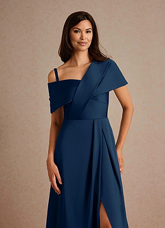 Azazie Milton Mother of the Bride Dresses Dark Navy A-Line Pleated Stretch Satin Dress image3