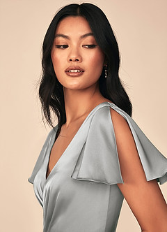 Azazie Soren Brudtärnklänningar Klänning av A-Line i Stretch Satin Plisserad Silver image6