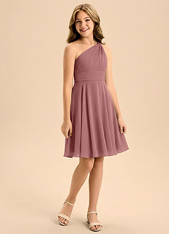 Azazie Charlize Junior Vestido de Rosa Del Desierto de Gasa de Corte en A con Plisado image3