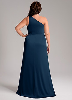 Azazie Phaedra Bridesmaid Dresses Dark Navy A-Line One Shoulder Stretch Satin Dress image2
