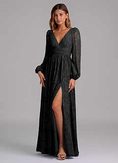 Azazie Norah Bridesmaid Dresses Black A-Line Long Sleeve Floral Burnout Dress image5