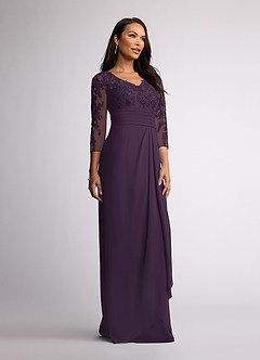 Azazie Joan Mother of the Bride Dresses Plum Sheath V-Neck Lace Chiffon Dress image2
