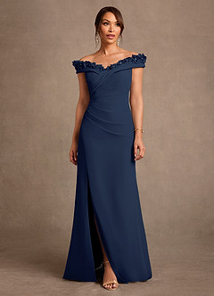 Azazie Jettie Mother of the Bride Dresses Dark Navy Sheath Pleated Chiffon Dress image1