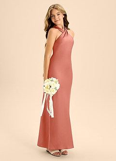 Azazie Doretta Junior Salmon Pink A-Line Pleated Stretch Satin Dress image7