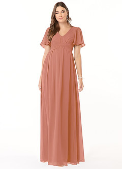 Azazie Verna vestidos de dama de honor de maternidad Vestido de Corte En A Cuello en V fruncido Hasta el suelo Gasa image1
