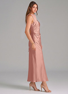 Azazie Evadne Vestidos de damas de honor Vestido de Rosetón de Satén Elástico de Corte Recto con Plisado image4