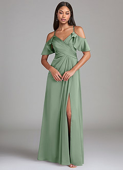 Azazie Dakota Bridesmaid Dresses Matcha A-Line Off the Shoulder Stretch Satin Dress image3