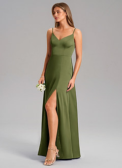 Azazie Talina Bridesmaid Dresses Olive A-Line Stretch Satin Dress image4