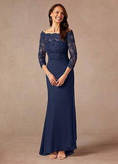 Azazie Rhonda Mother of the Bride Dresses Dark Navy Mermaid Off the Shoulder Mesh Dress image5