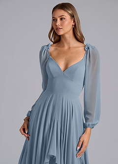 Azazie Karan At-home Try On Dresses Dusty Blue A-Line Long Sleeve Chiffon Dress image6