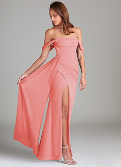 Azazie Amyra Bridesmaid Dresses Coral Sheath Off the Shoulder Chiffon Convertible Dress image3