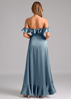 Azazie Lyra Bridesmaid Dresses Dusty Blue A-Line Off the Shoulder Stretch Satin Convertible Dress image6