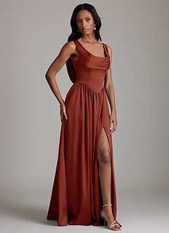 Azazie Novi Bridesmaid Dresses Terracotta A-Line with Pockets Stretch Satin Dress image5