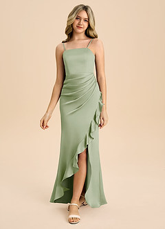 Azazie Buzzy Junior Dusty Sage Sheath Pleated Stretch Satin Dress image5