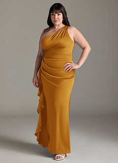 Azazie Latrice Bridesmaid Dresses Butterscotch Sheath One Shoulder Cascading Ruffles Stretch Satin Dress image8