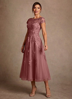 Azazie Jolanda 신부의 어머니 드레스 A라인 레이스 티 길이 드레스 image4