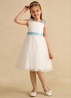 Azazie Lona Abiti da Ragazza di Fiori Abito A-Line in Raso Opaco Fiocco Avorio Nebbia image3