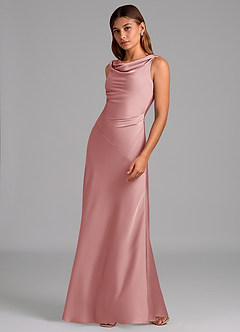 Azazie Nerine Vestidos de damas de honor Vestido de Rosa Polvorienta de Satén Elástico de Corte en A con Plisado image4