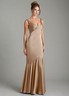 Azazie Alena Bridesmaid Dresses Taupe Mermaid Pleated Stretch Satin Dress image4