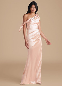 Azazie Xyla Bridesmaid Dresses Rose Gold Sheath Off the Shoulder Metallic Satin Convertible Dress image7